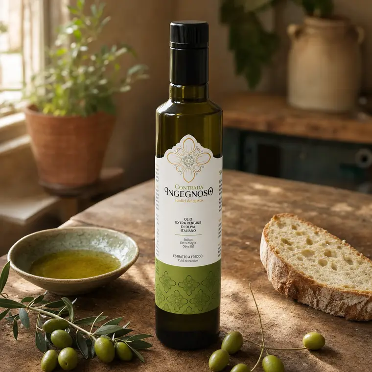Bottiglia di olio EVO Contrada Ingegnoso su tavolo di legno con pane e olive