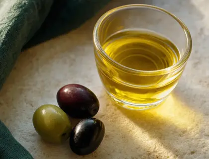 Bicchiere di olio EVO e olive su pietra chiara